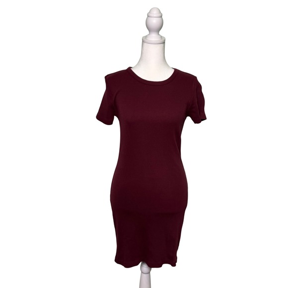 Brandy Melville Dresses & Skirts - Brandy Melville Ribbed Bodycon Short Sleeve TShirt Dress Burgundy One Size